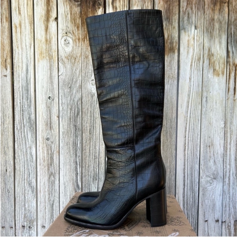 New Free People Grayson Tall Boot Leather Croc Print Black 37.5 - Picture 16 of 16
